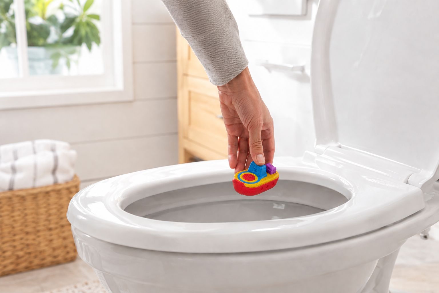 A hand dropping a Potty Pirates ship into the toilet bowl