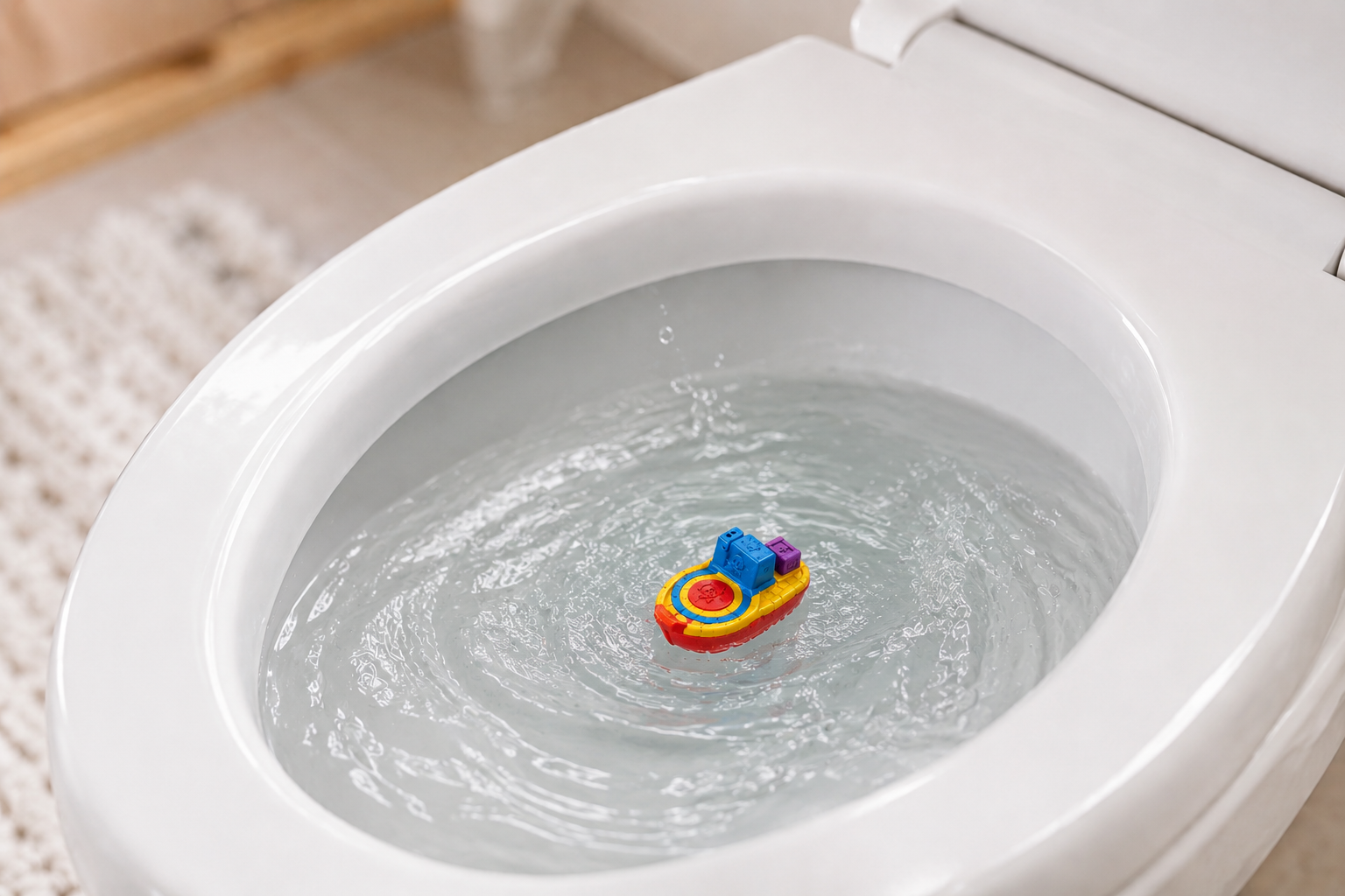 A colorful pirate ship floating and swirling in the toilet bowl