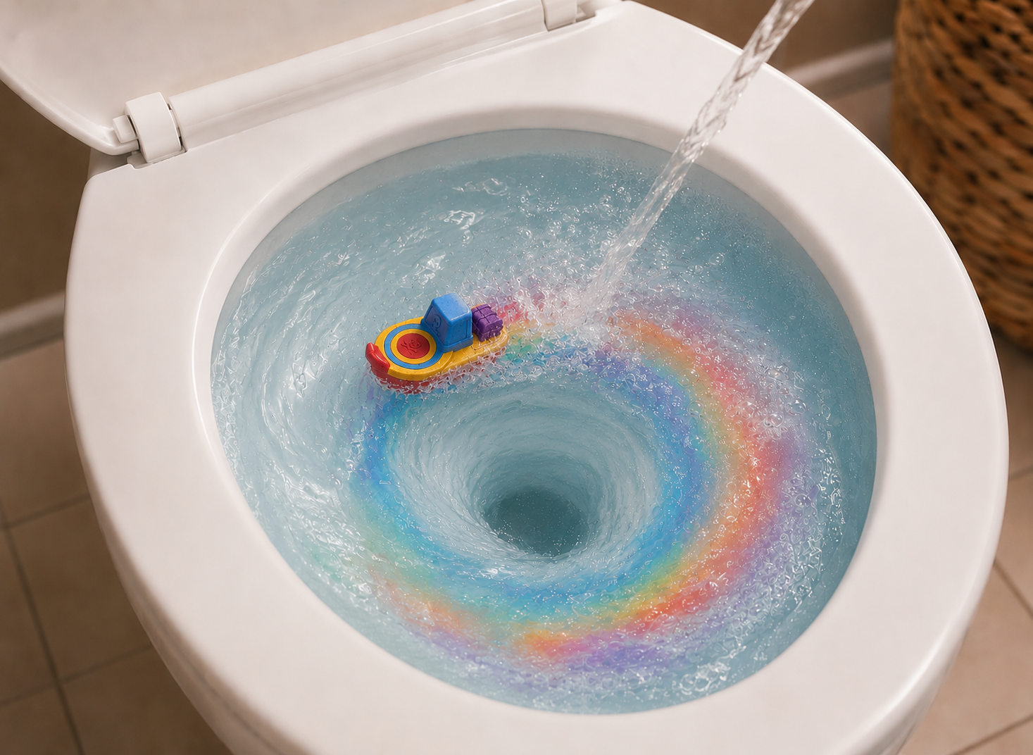 The ship dissolving into a rainbow swirl as the toilet flushes clean