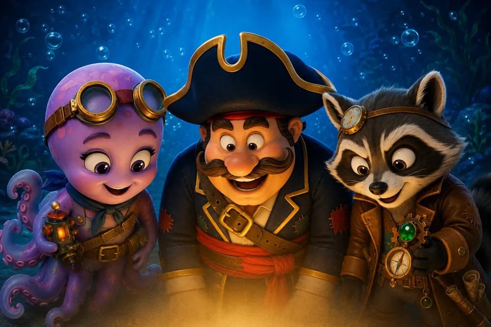 Captain Bob, Pearla, and Scurry hunting treasure